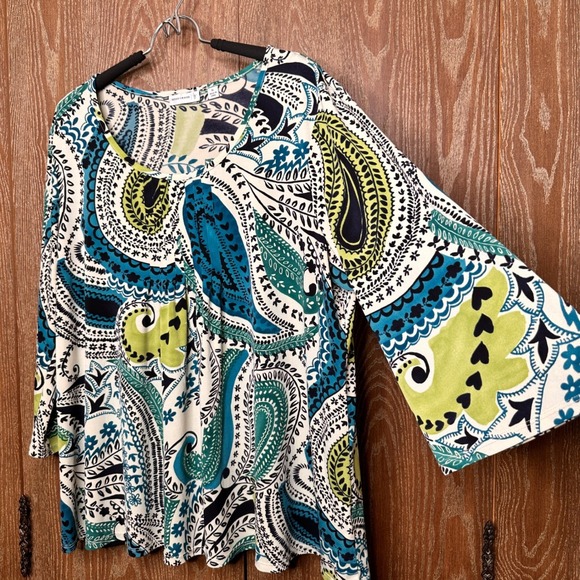 Susan Graver Womens XL Paisley Print 3/4 Sleeve Top Blouse Teal Blue Stretch - Picture 2 of 5